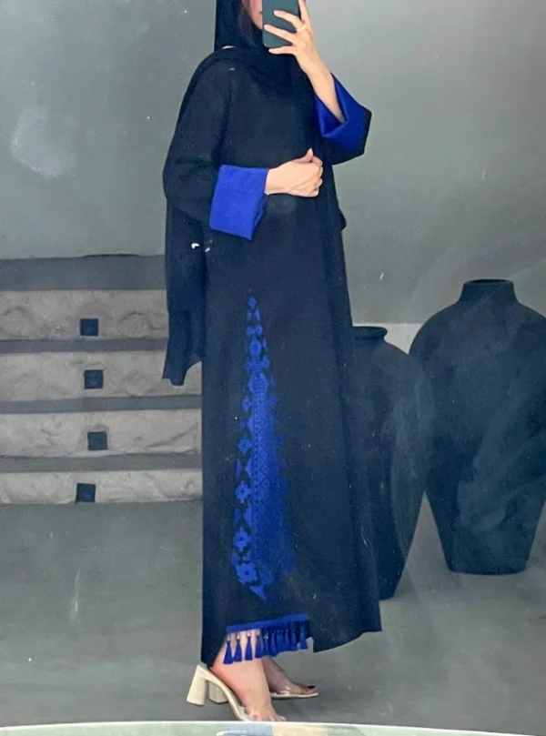 Black Abaya with Blue Cuffs and Tassels