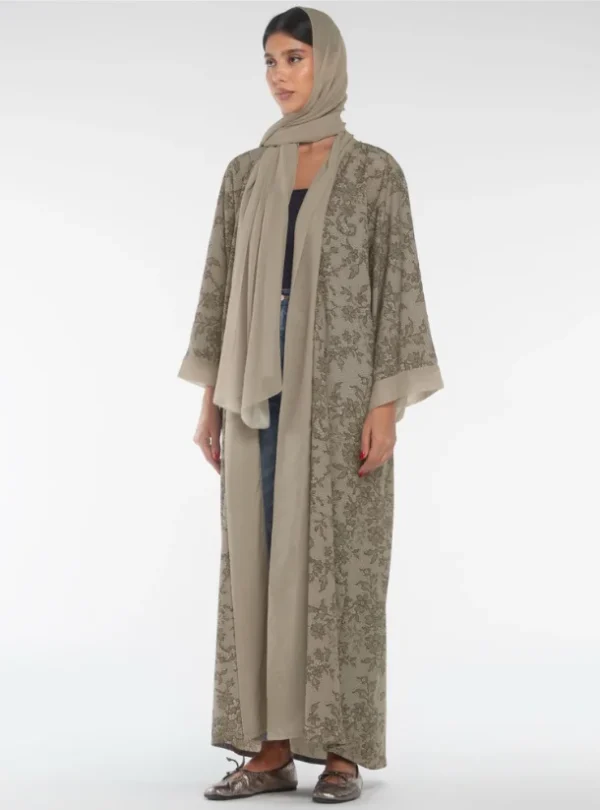 Brown Lace Flower Abaya with Headscarf