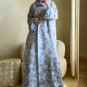 Off-White Grey Floral Abaya Set