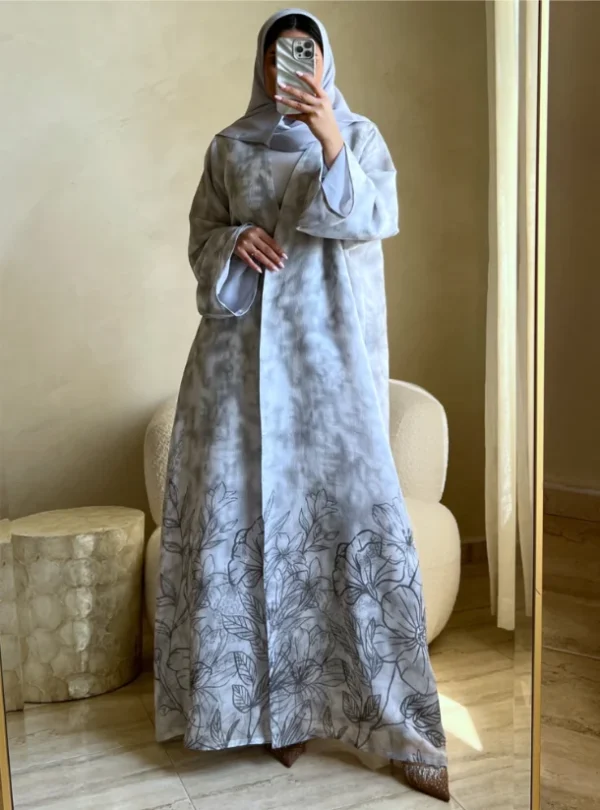 Off-White Grey Floral Abaya Set